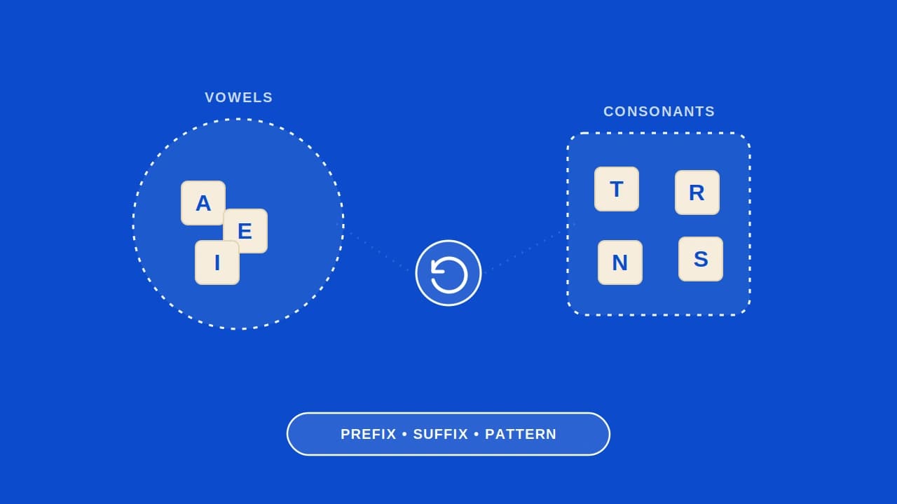 Letter tiles grouped into vowels and consonants around a rearrangement icon, illustrating manual anagram strategy.