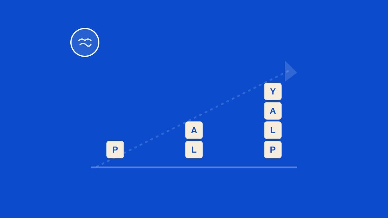 Rising bar chart of letter tiles beside a brain icon representing vocabulary and brain growth from word games.