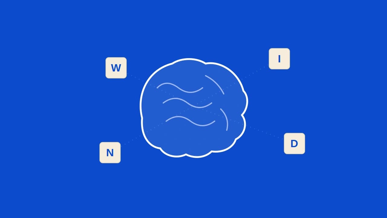 Abstract brain outline surrounded by connected letter tiles representing cognitive benefits of word games.