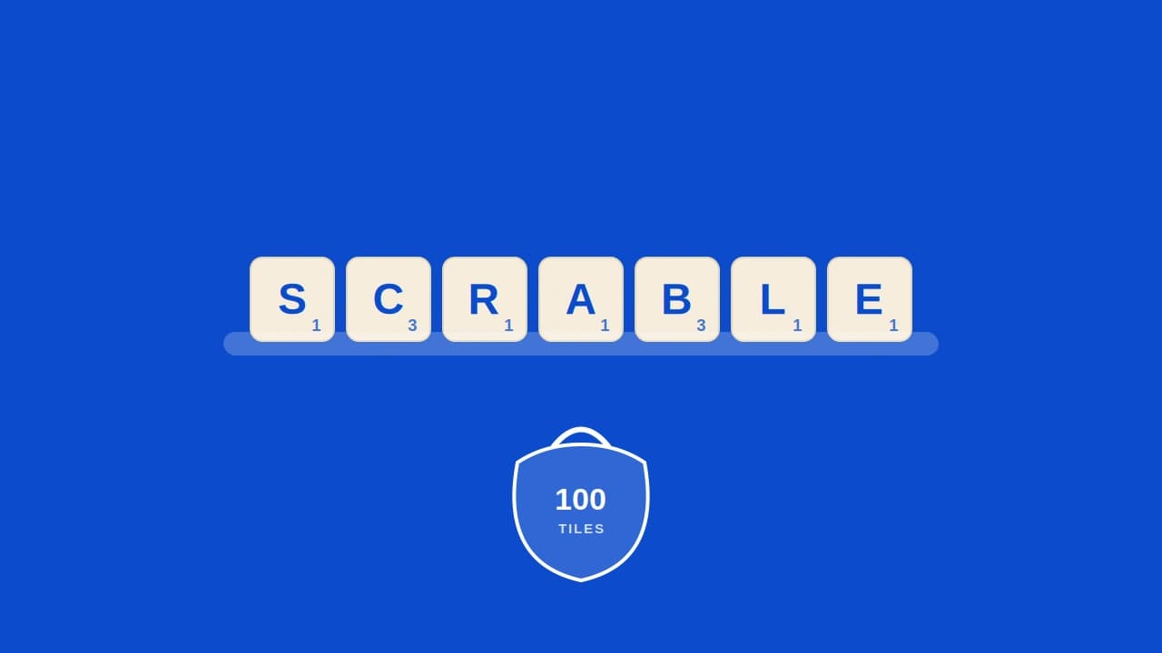 Seven letter tiles on a rack with point values beside a bag holding 100 Scrabble tiles.