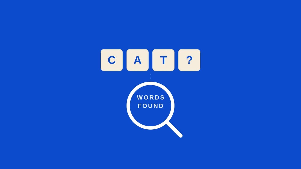 Scrabble word finder search tool showing letter tiles converted into matching word results.
