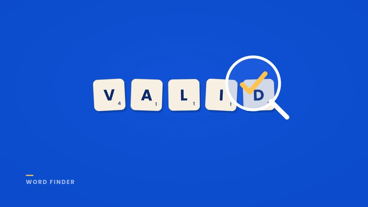 A magnifying glass on the Words With Friends Cheat tool with a checkmark hovers over word tiles spelling VALID, symbolizing word validity checking.