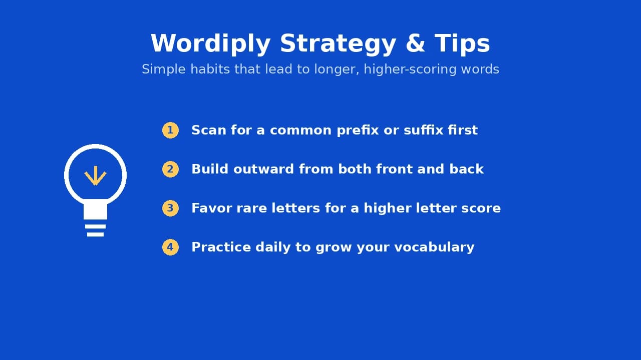 Wordiply strategy tips checklist for building longer, higher-scoring words each round.