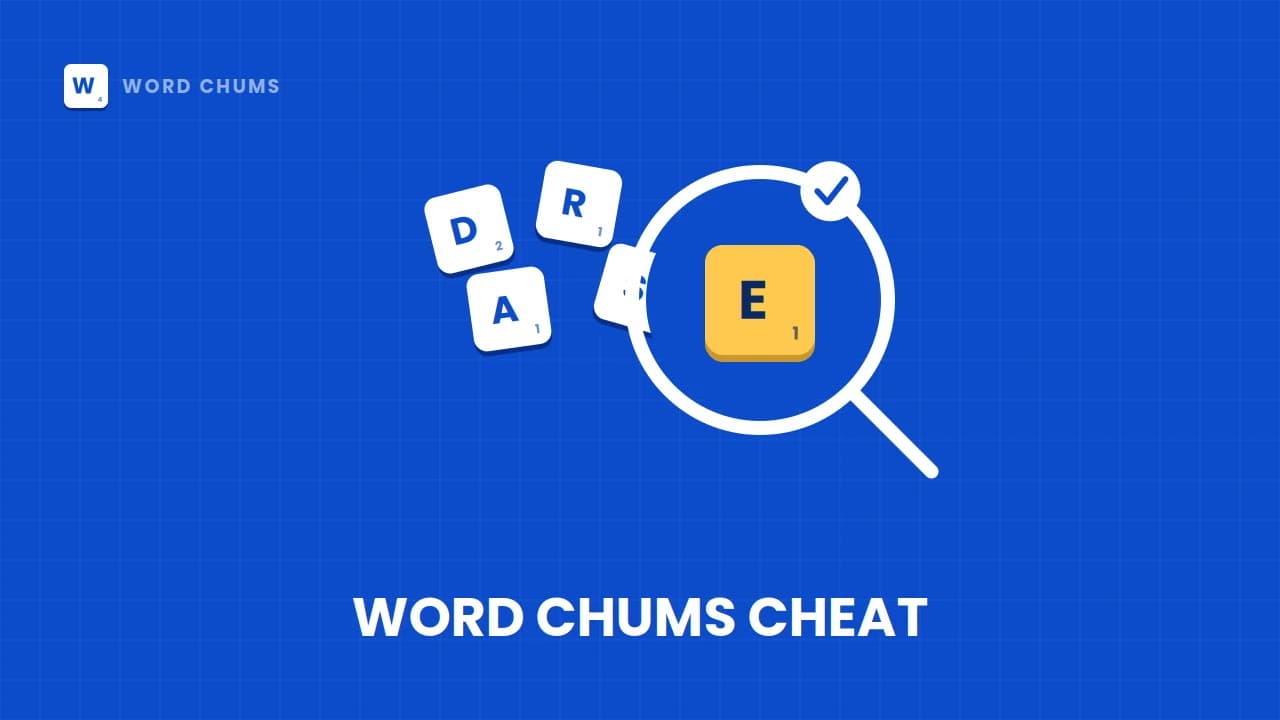 Word Chums cheat and word solver graphic unscrambling letter tiles to find a valid word.