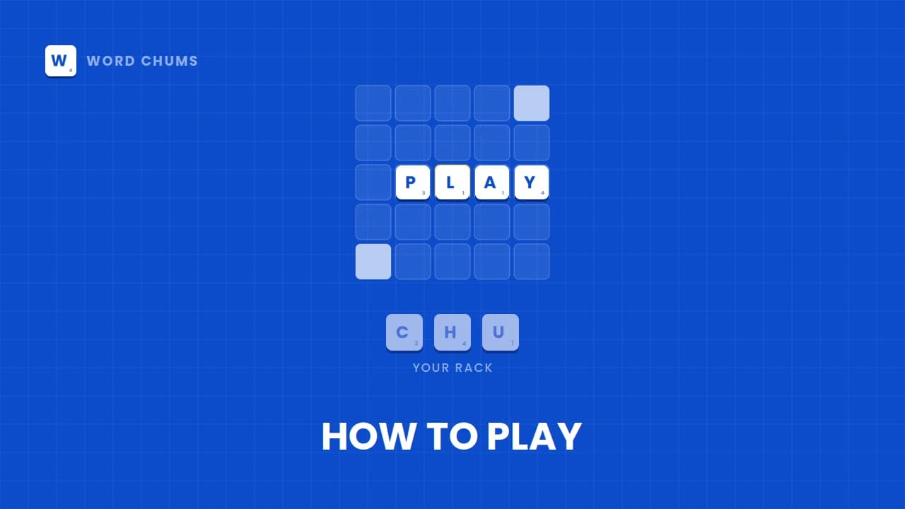 How to play Word Chums diagram with a letter tile board, bonus square, and player rack.